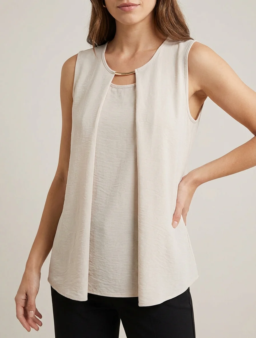 Top droit uni à col rond bijou - Beige - Image 4