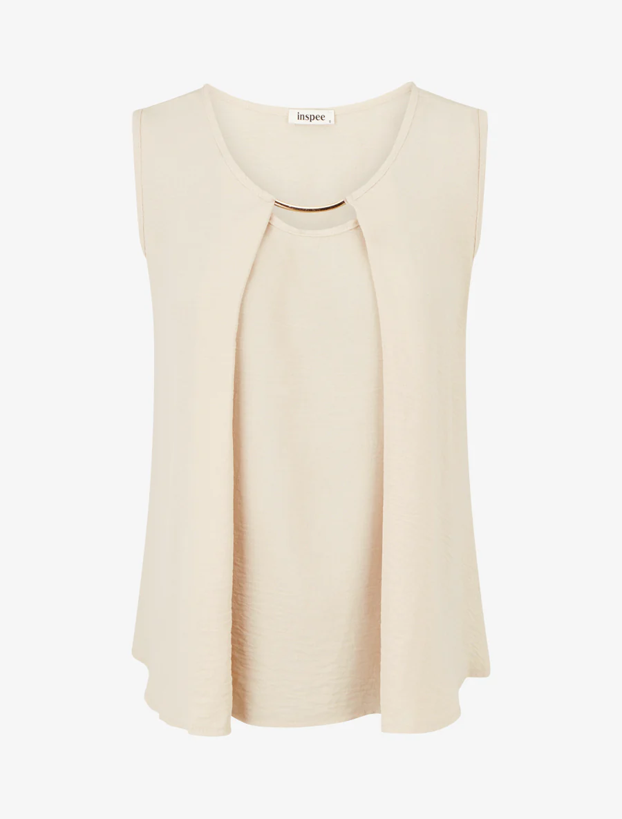 Top droit uni à col rond bijou - Beige foncé