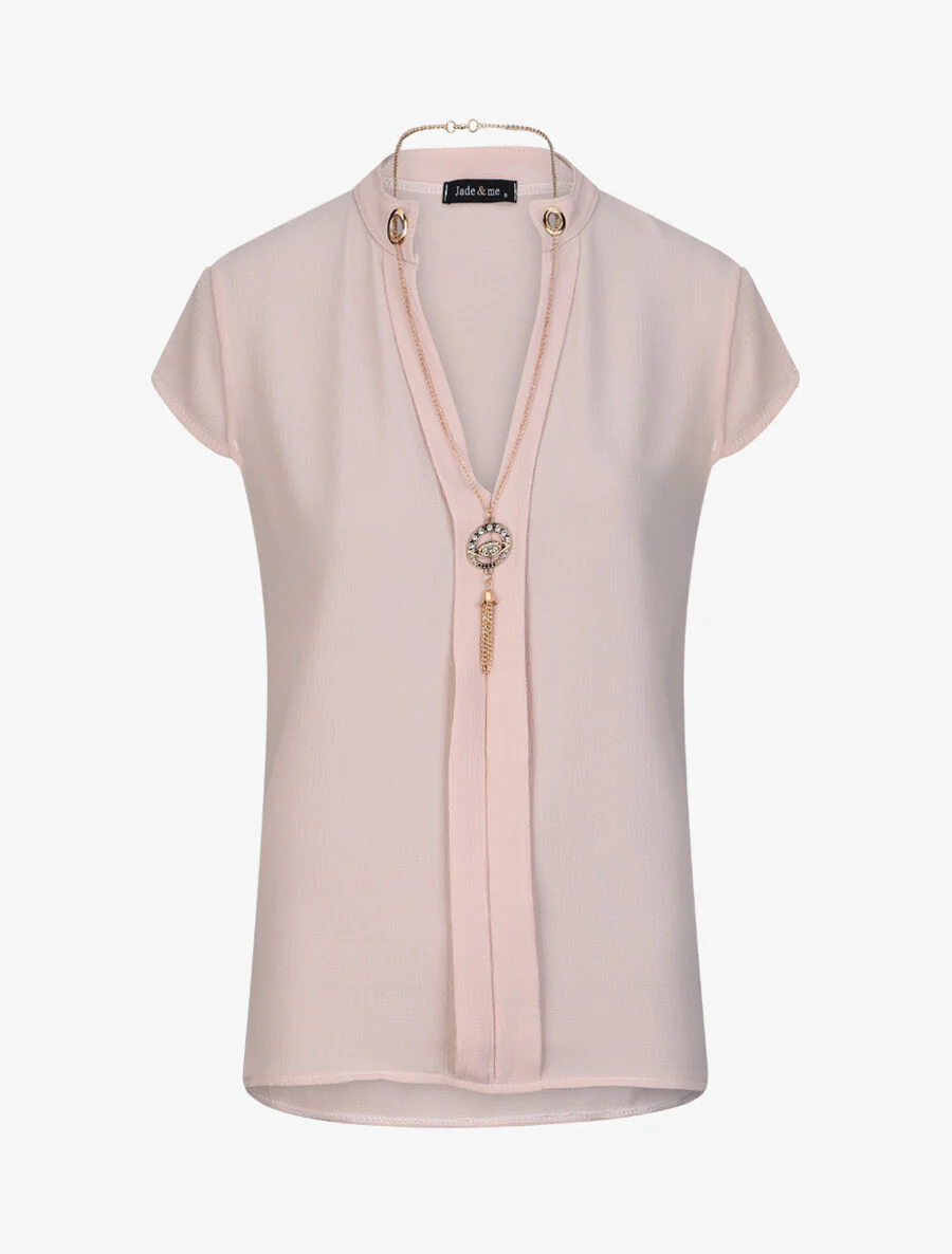 Top droit uni à col V bijou - Rose pâle