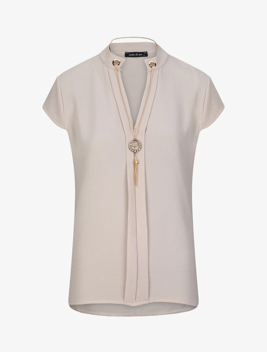 Top droit uni à col V bijou - Beige