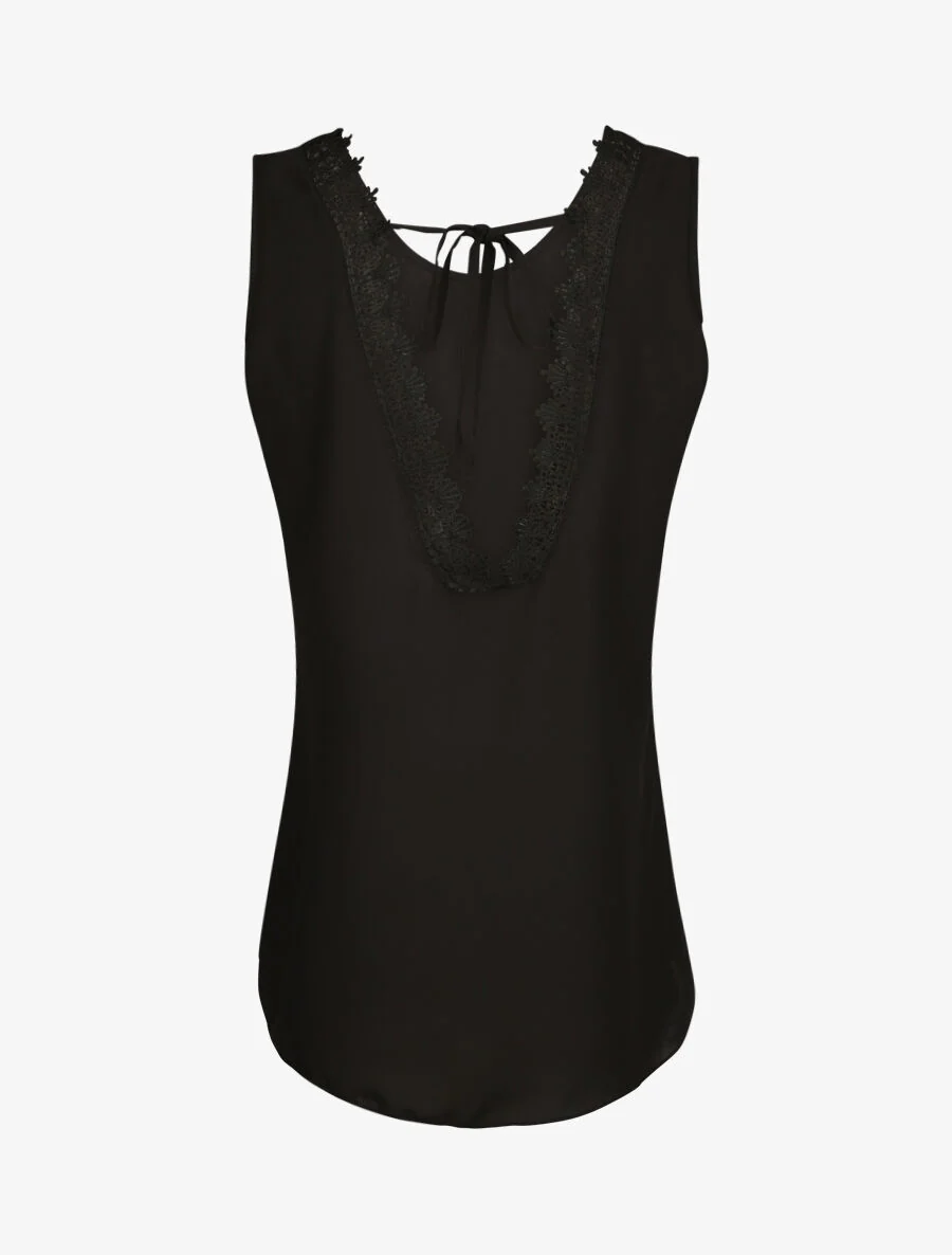Top droit uni à dos en V et dentelle - Noir - Image 2