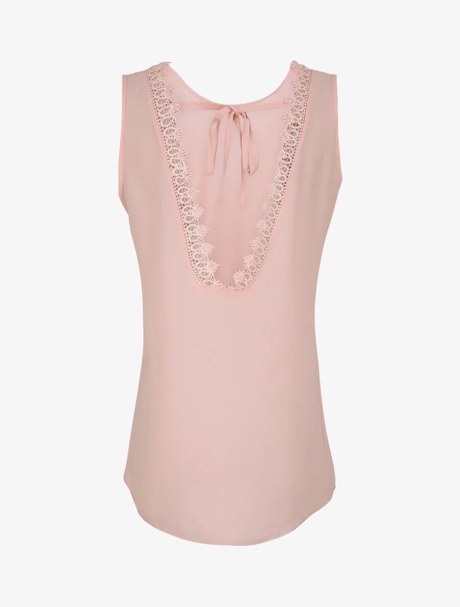 Top droit uni à dos en V et dentelle - Rose pâle - Image 2