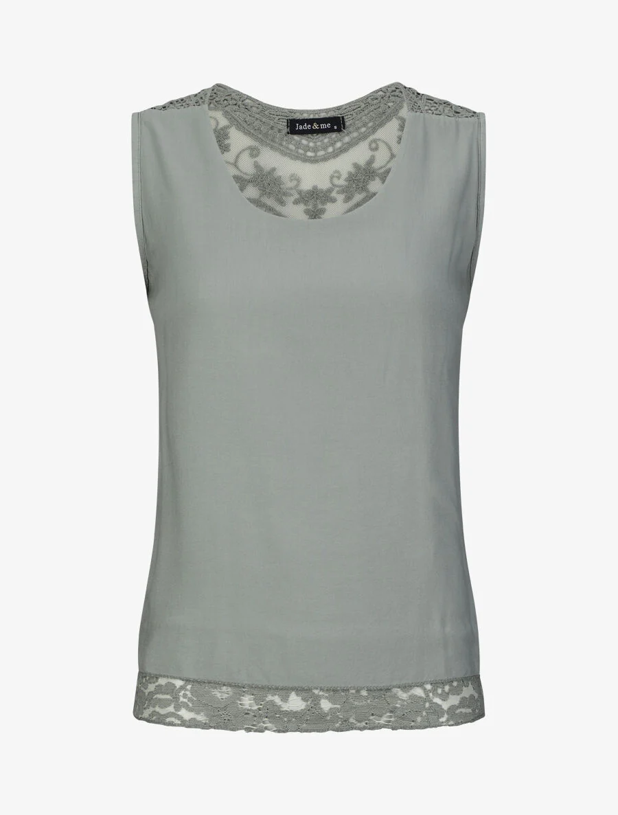 Top droit uni sans manches dos en dentelle - Kaki