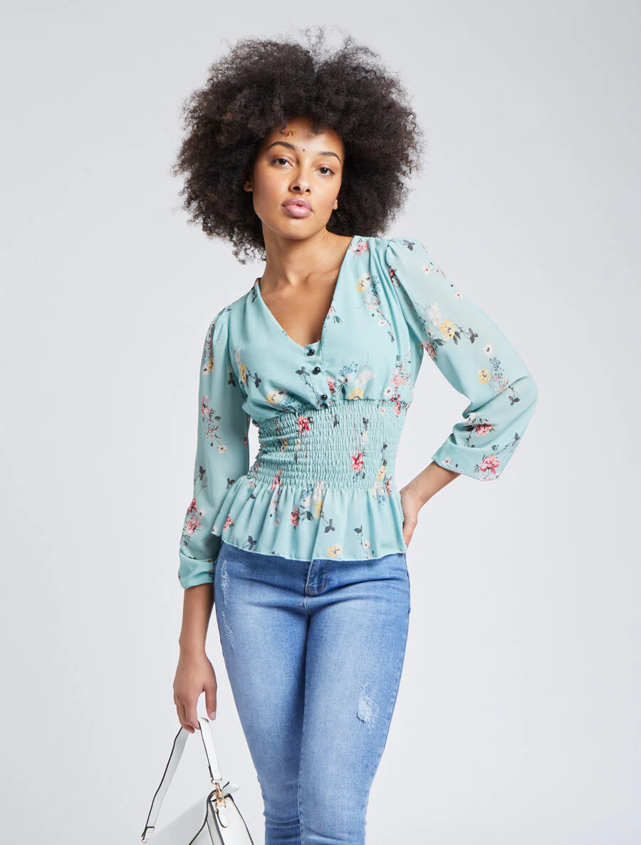 Top élastiqué imprimé floral - Vert d'eau