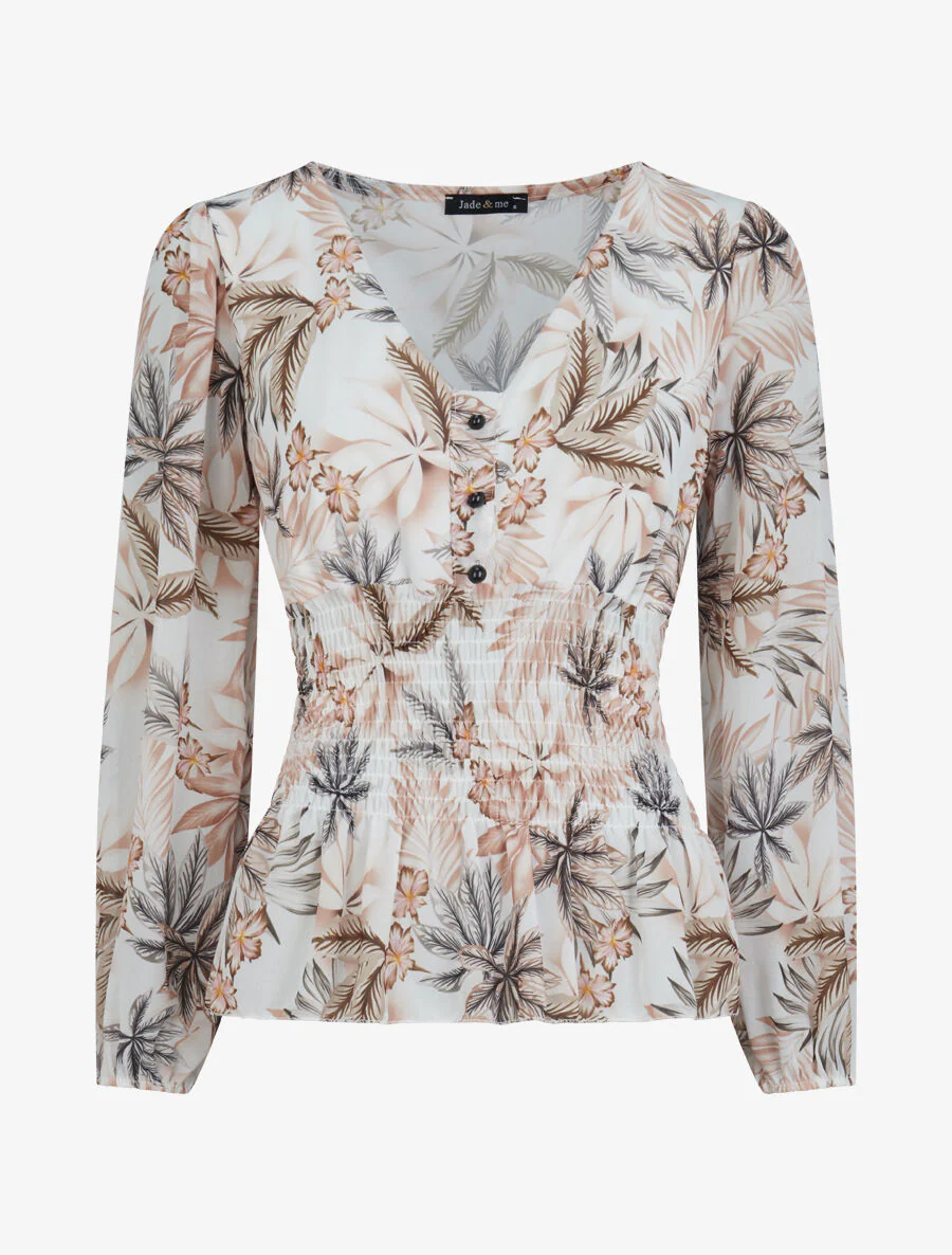 Top élastiqué imprimé tropical - Camel