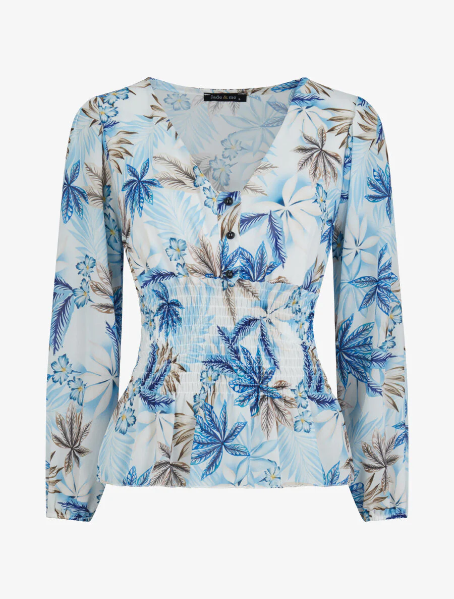Top élastiqué imprimé tropical - Bleu