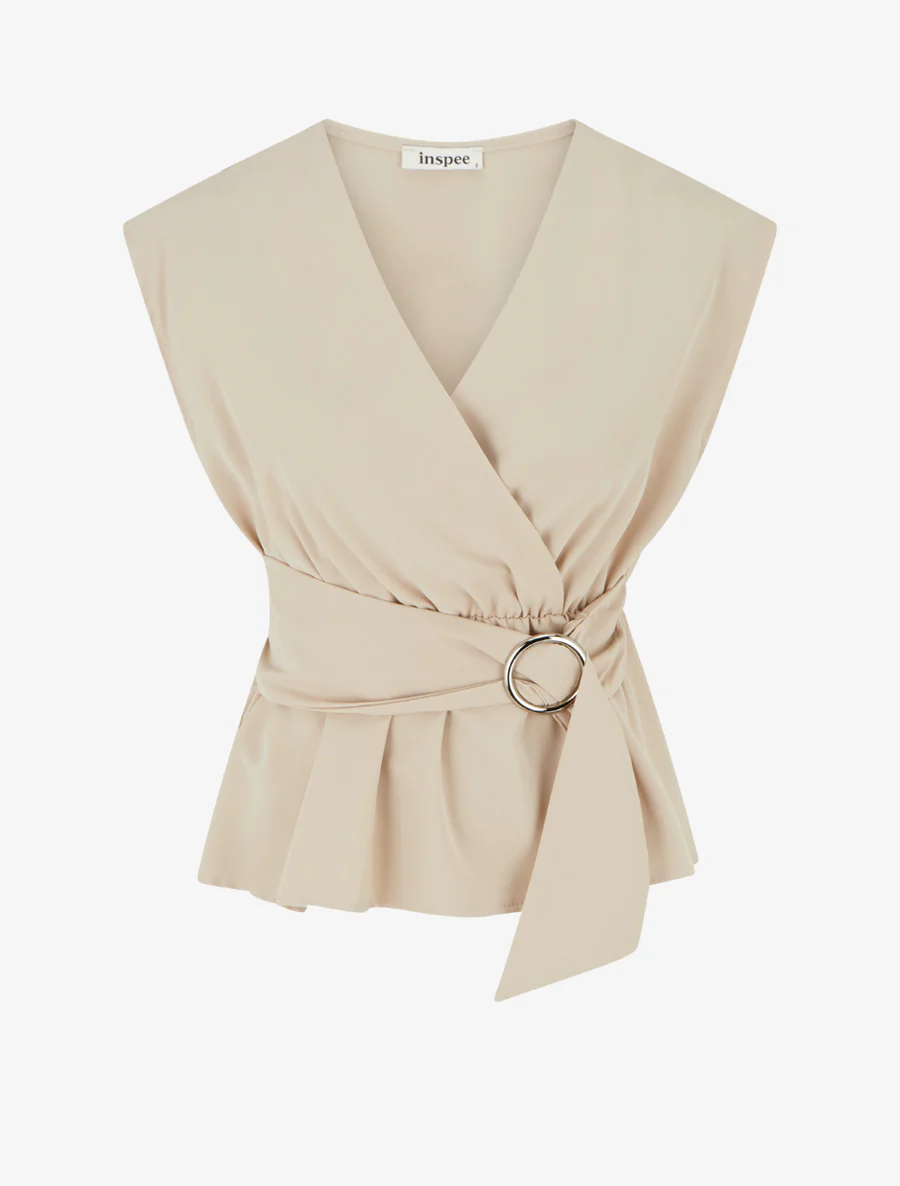 Top élastiqué uni à manches courtes - Beige