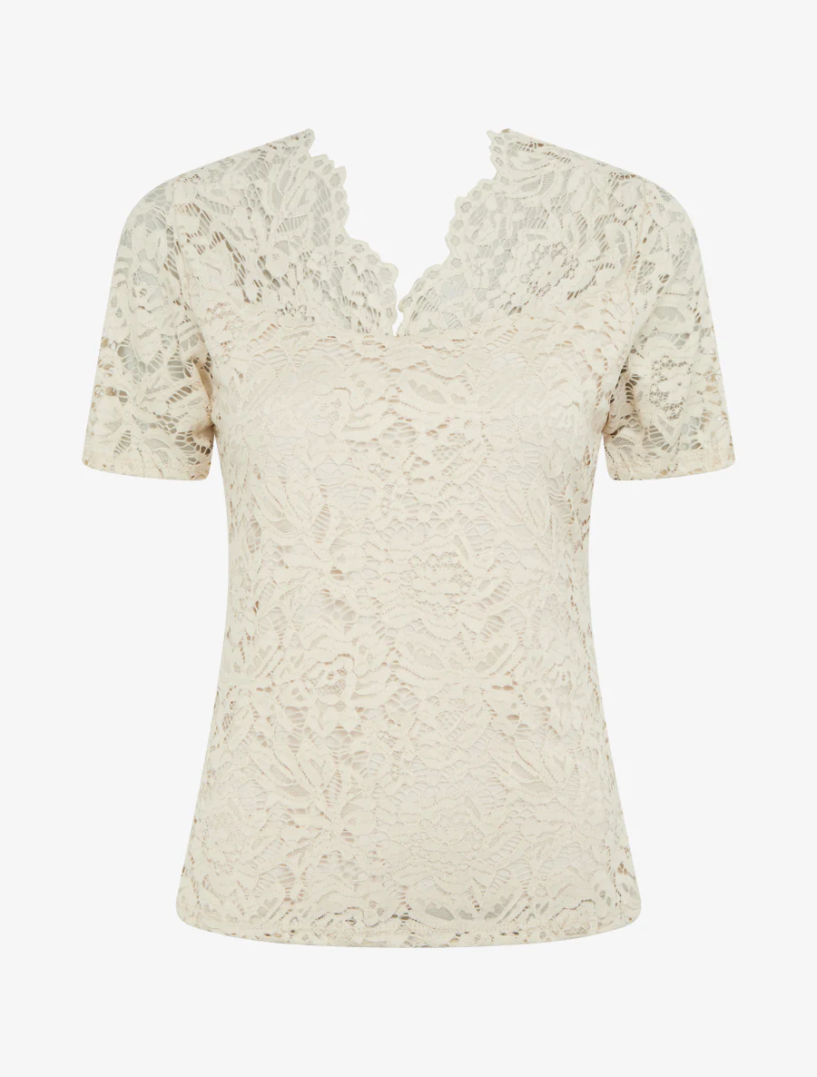 Top en dentelle à manches courtes - Beige