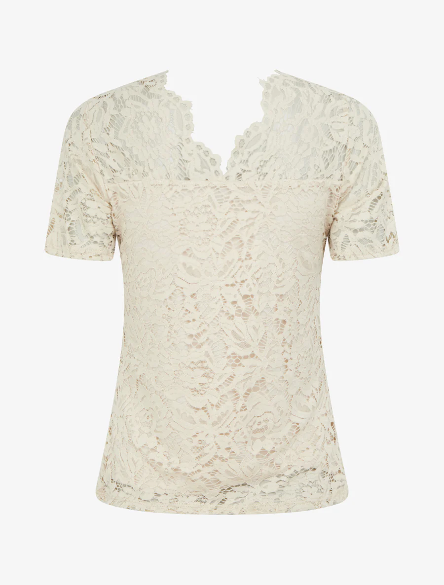 Top en dentelle à manches courtes - Beige - Image 2