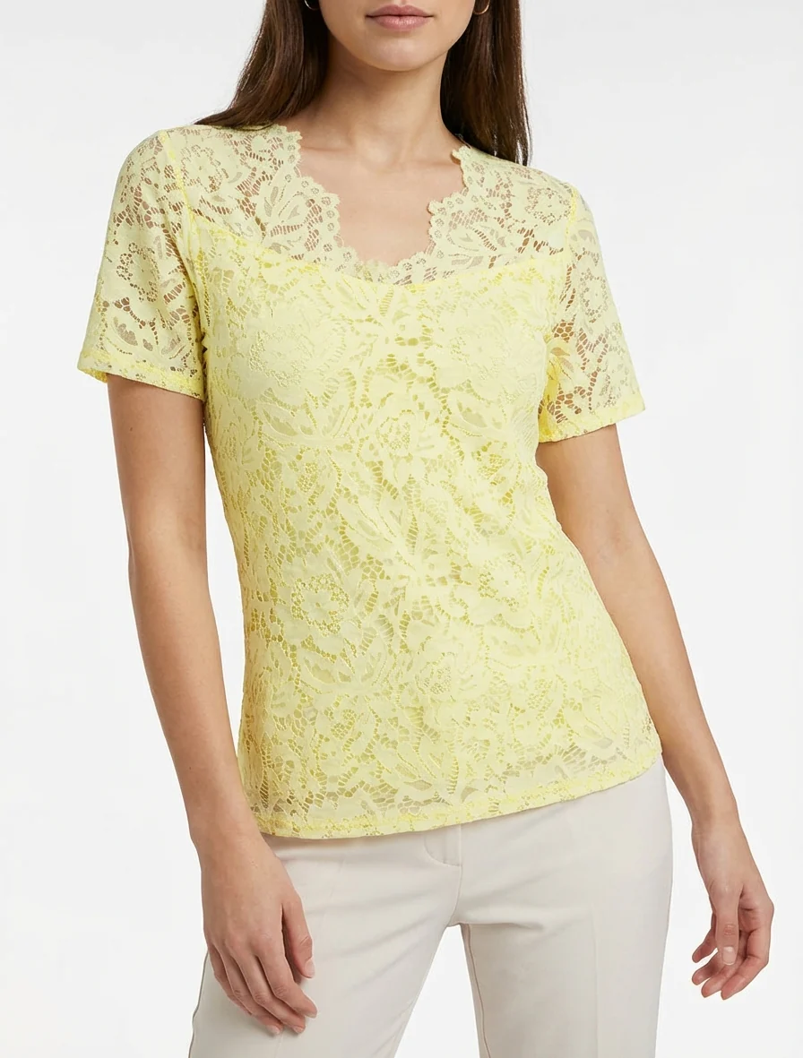 Top en dentelle à manches courtes - Jaune - Image 4