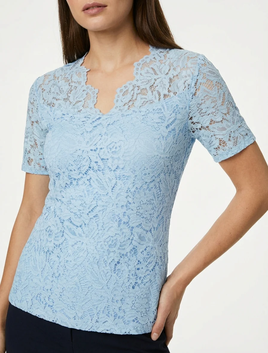Top en dentelle à manches courtes - Bleu ciel - Image 4