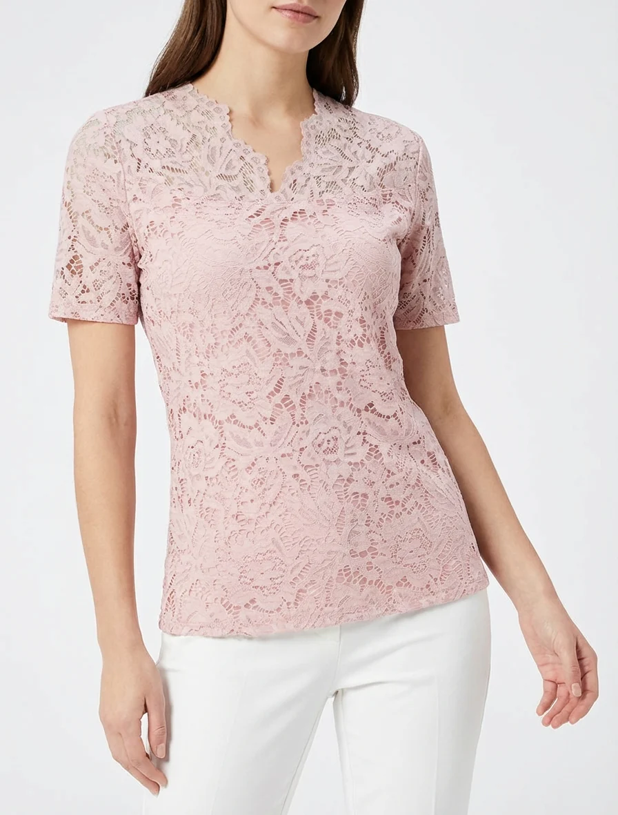 Top en dentelle à manches courtes - Rose - Image 4
