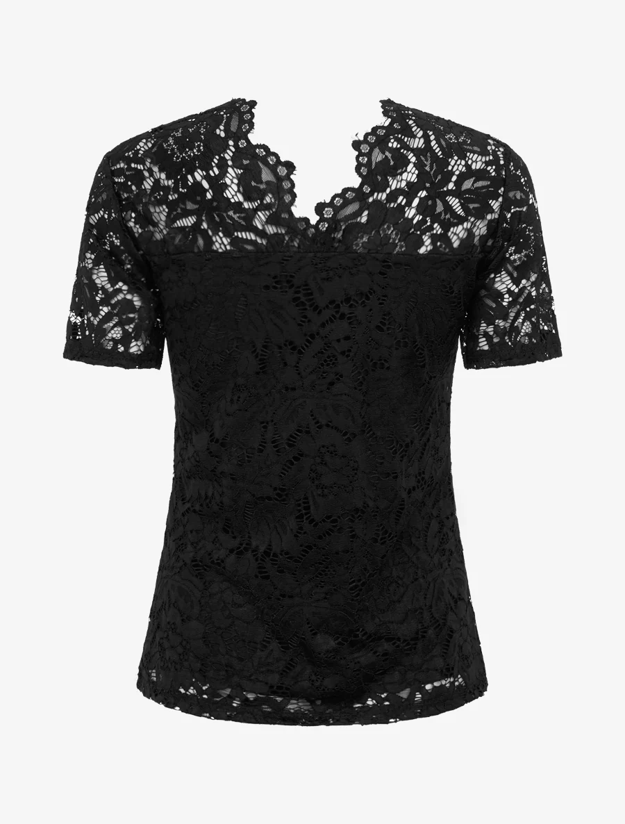 Top en dentelle à manches courtes - Noir - Image 2