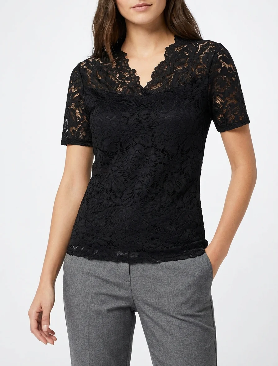 Top en dentelle à manches courtes - Noir - Image 4