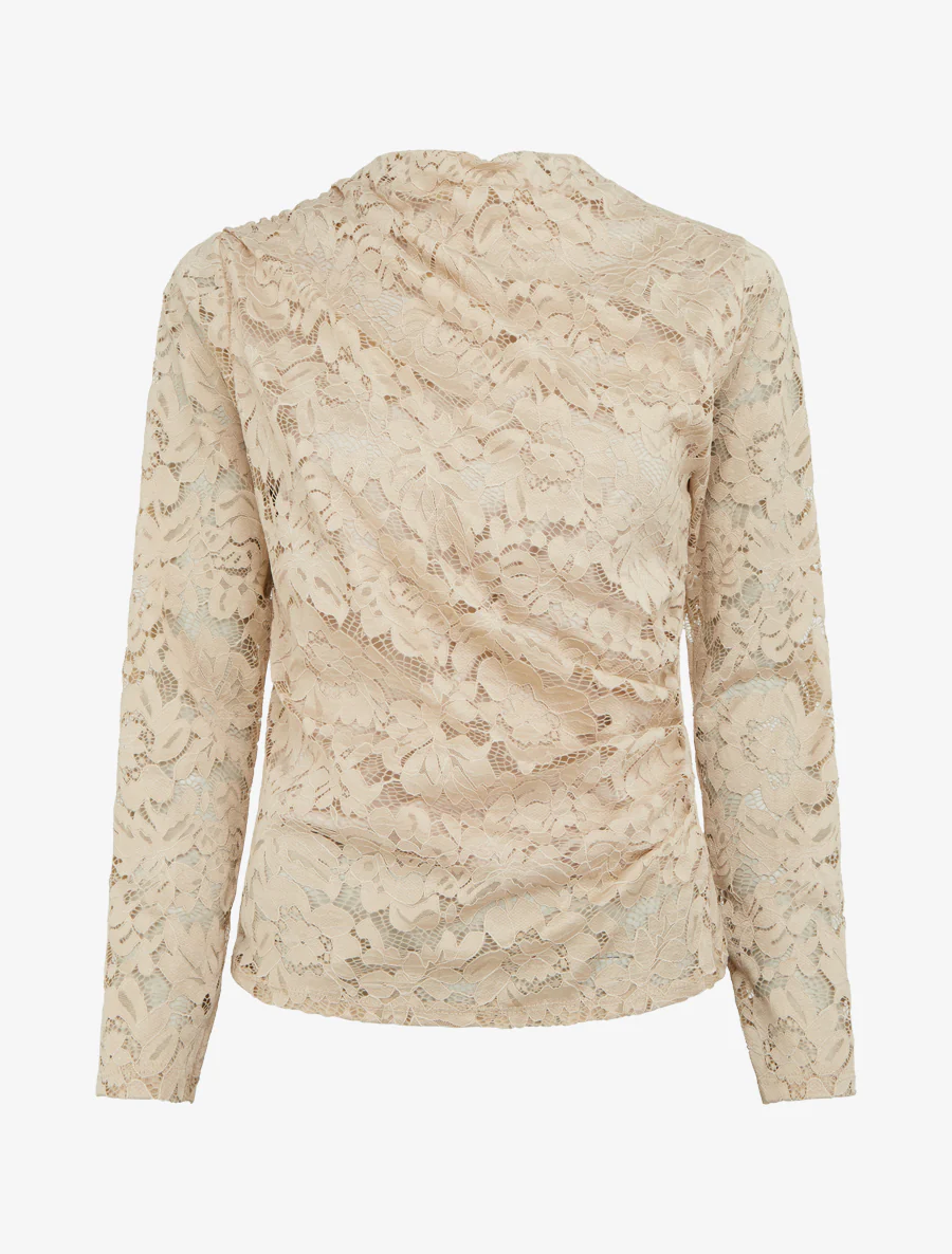 Top en dentelle drapé à manches longues - Beige