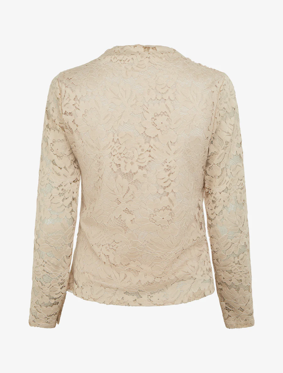 Top en dentelle drapé à manches longues - Beige - Image 2