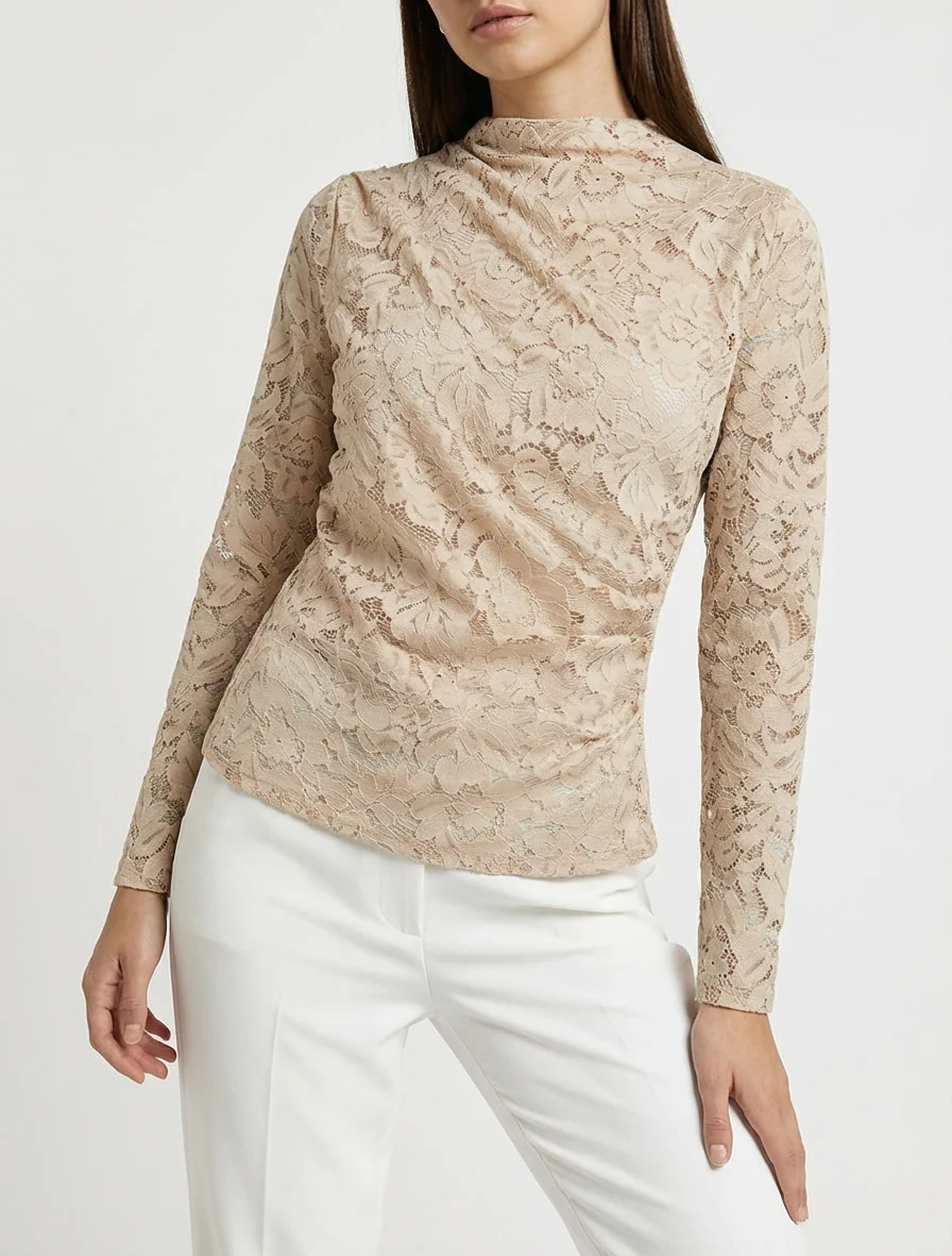 Top en dentelle drapé à manches longues - Beige - Image 4