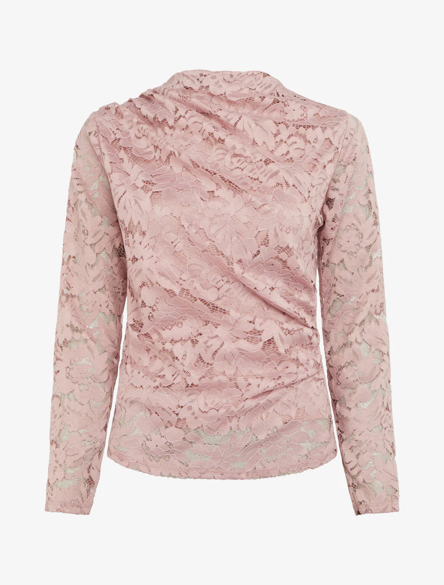Top en dentelle drapé à manches longues - Vieux rose