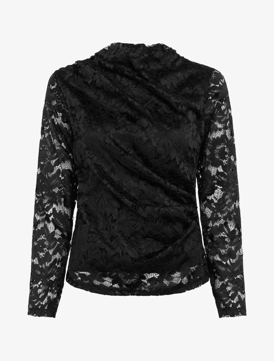 Top en dentelle drapé à manches longues - Noir