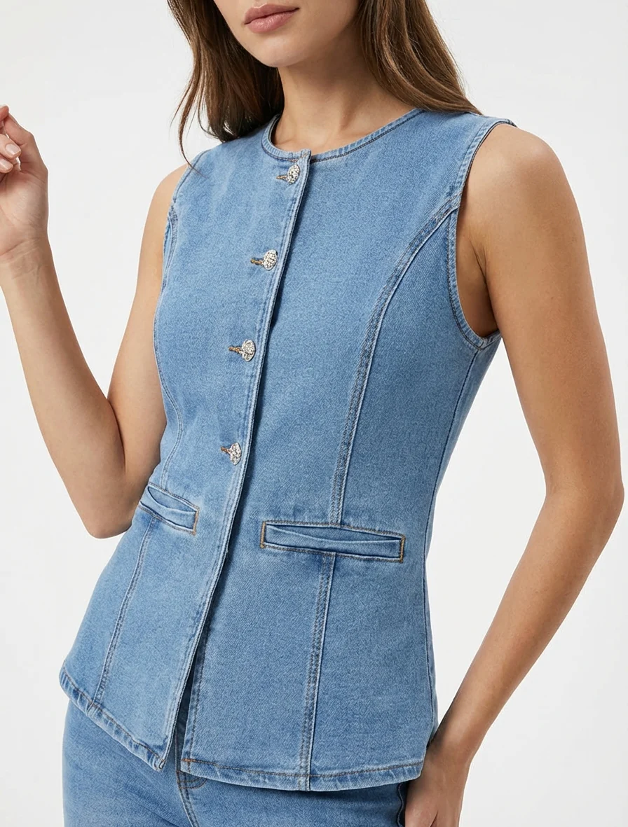 Top en jean boutonné - Bleu - Image 4