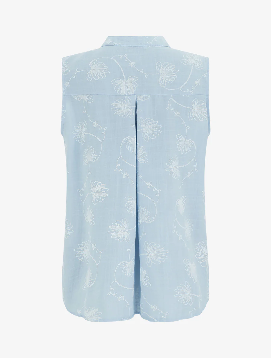 Top en lin boutonné à broderie floral - Bleu ciel - Image 2