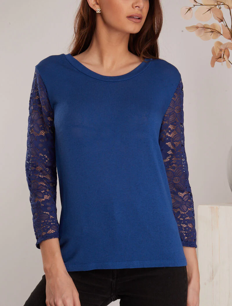 Top en maille à détails dentelle - bleu électrique