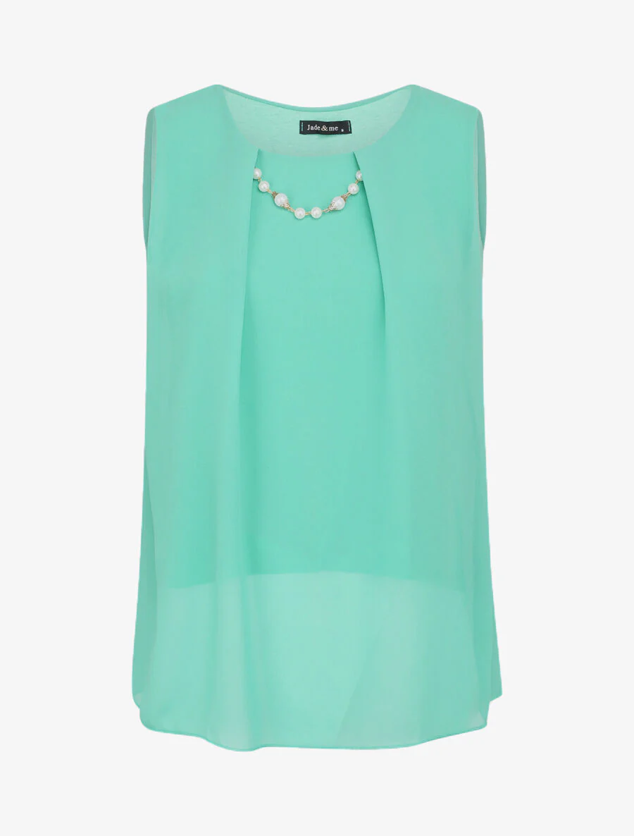 Top en voile à col à bijou - Bleu turquoise