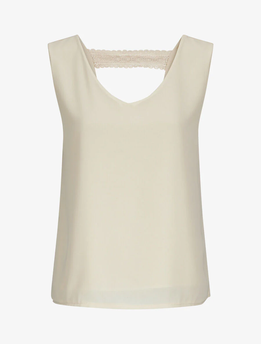 Top en voile à dos ajouré et détail dentelle - Beige