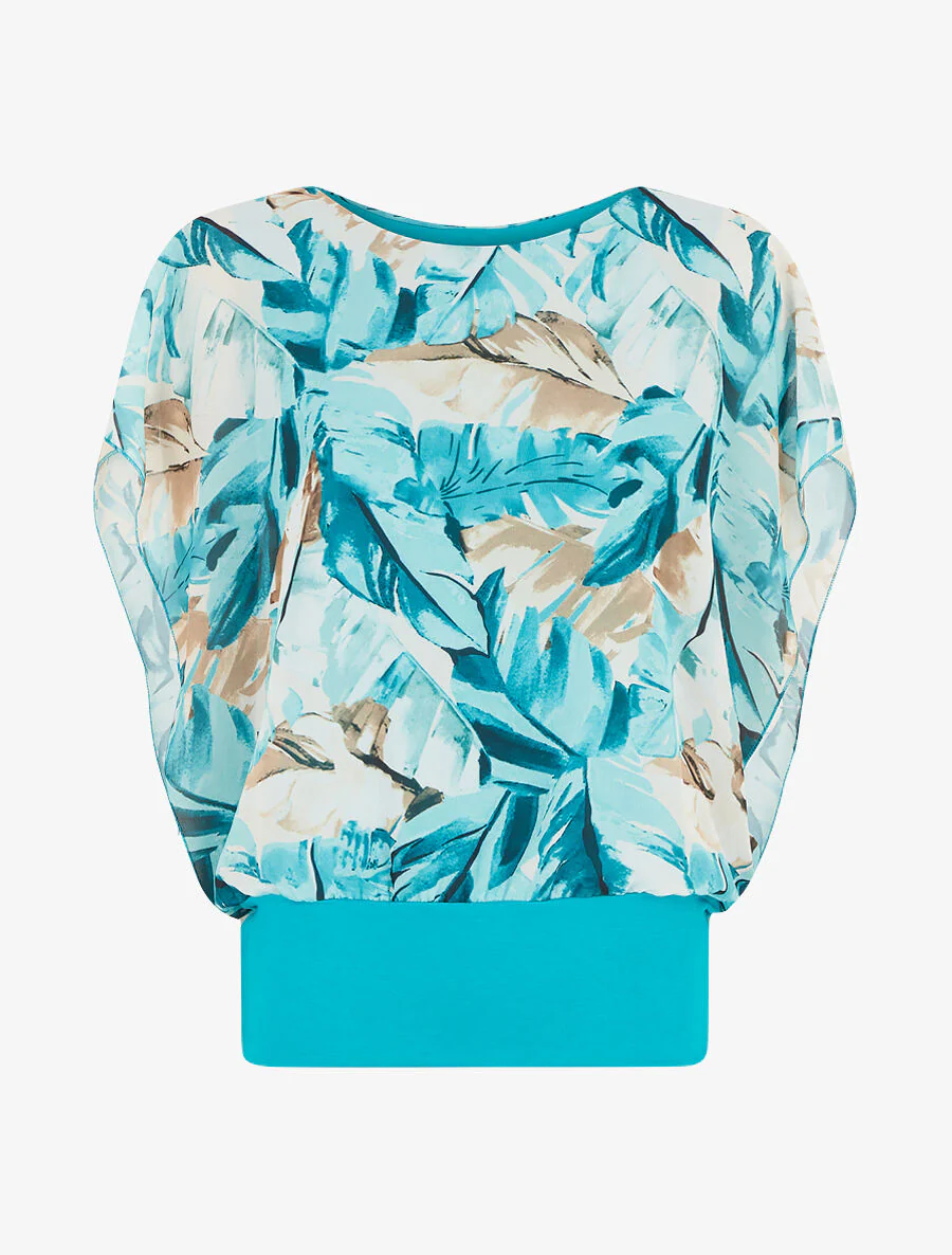 Top en voile à manches volantées imprimé feuillage - Turquoise