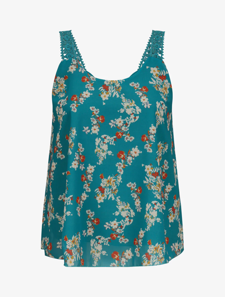 Top en voile imprimé fleurs de printemps - Bleu canard