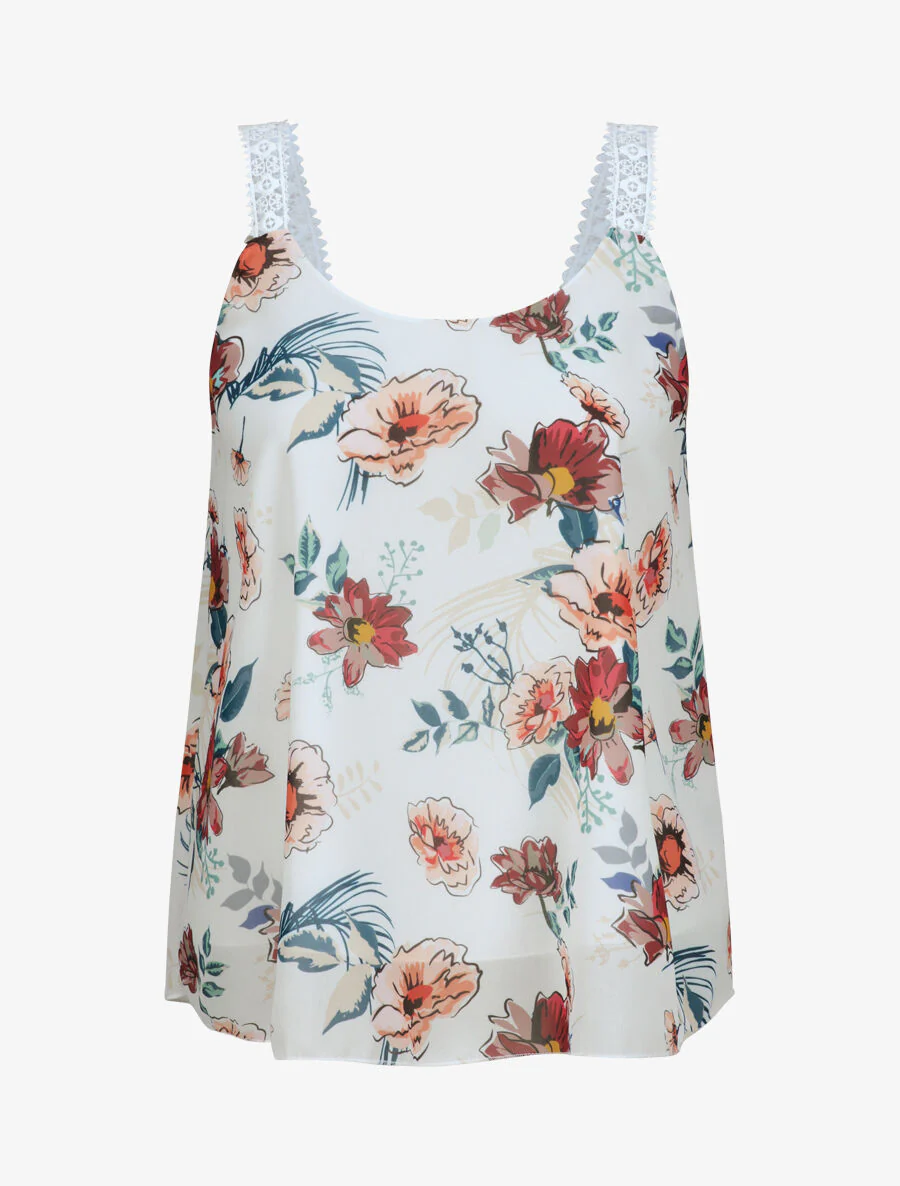 Top en voile imprimé fleurs d'été - Blanc