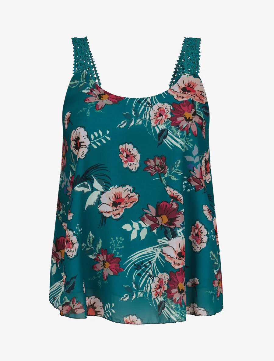 Top en voile imprimé fleurs d'été - Bleu canard