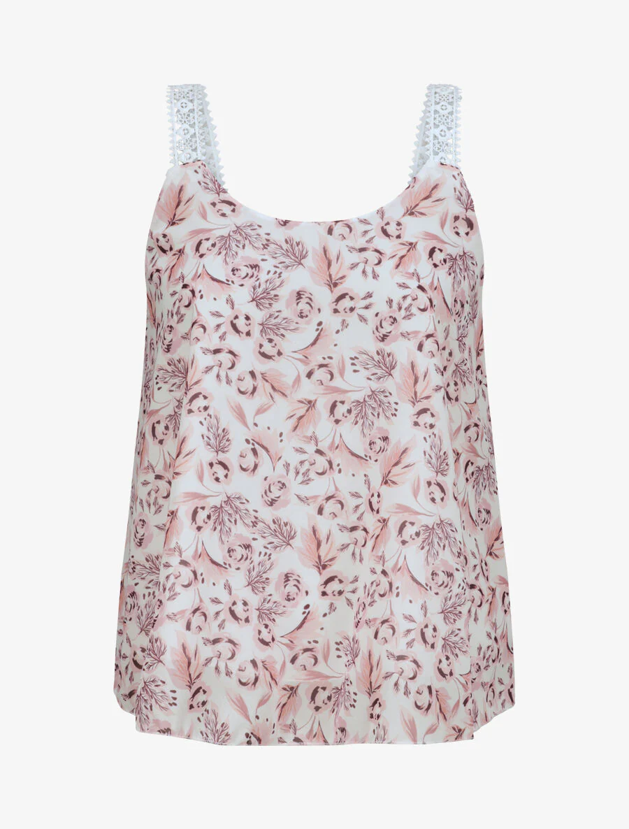 Top en voile imprimé roses - Blanc