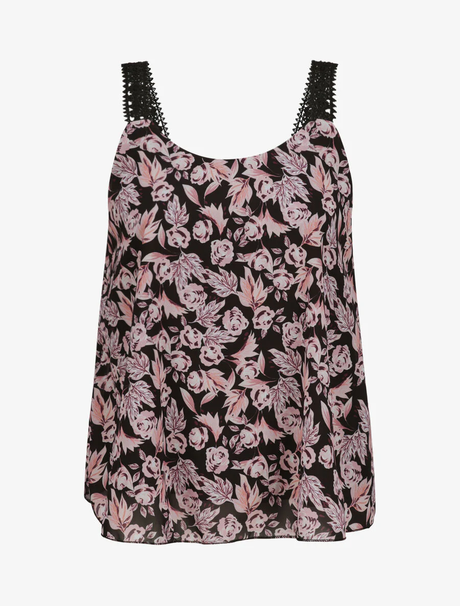 Top en voile imprimé roses - Noir
