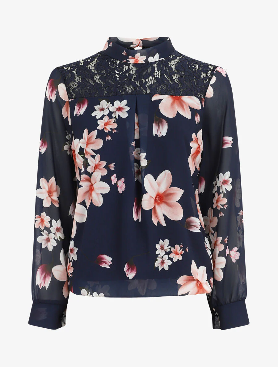 Top fleuri en dentelle - Marine