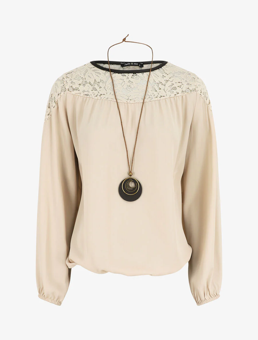 Top fluide à dentelle - Beige