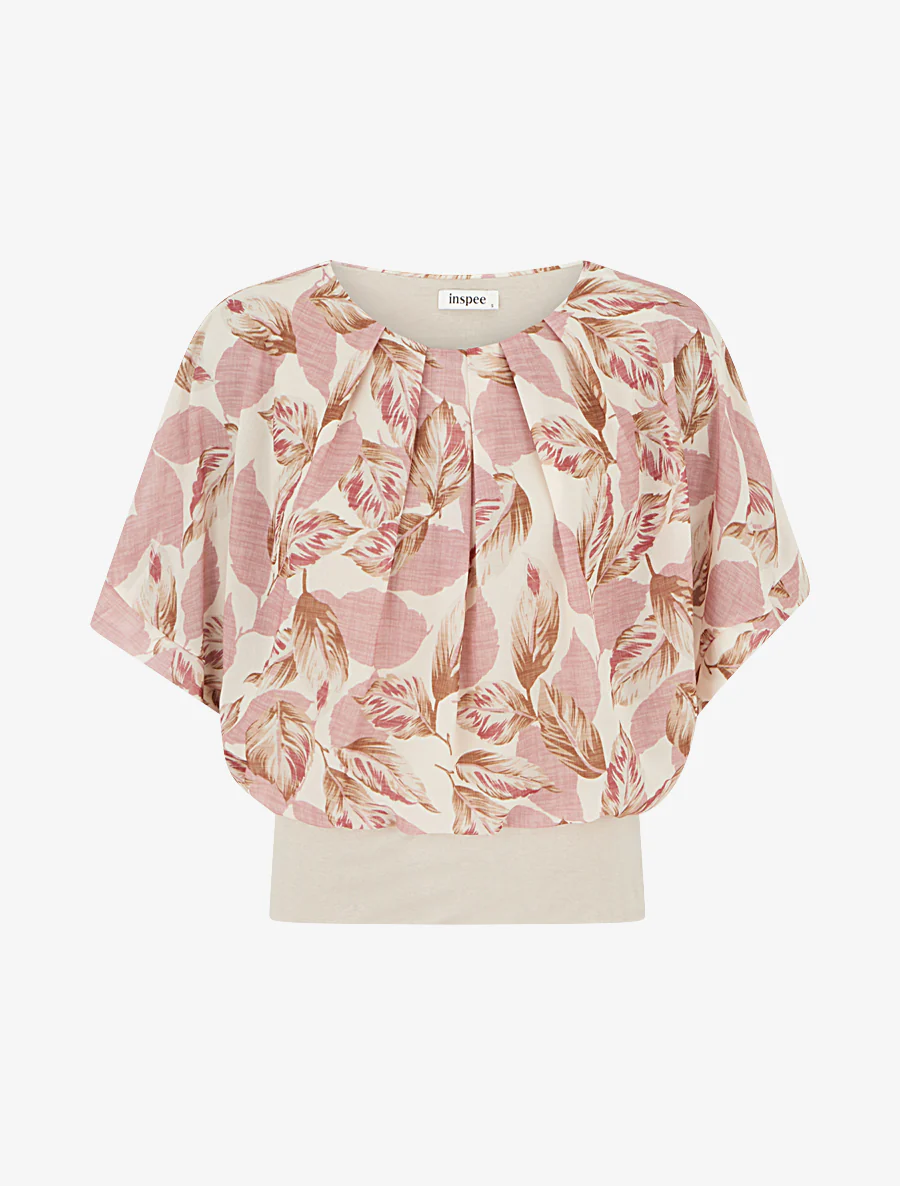 Top imprimé feuillage à manches courtes - Vieux rose