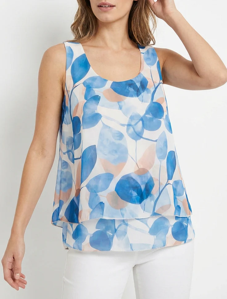 Top imprimé feuilles à bords volantés - Bleu - Image 4