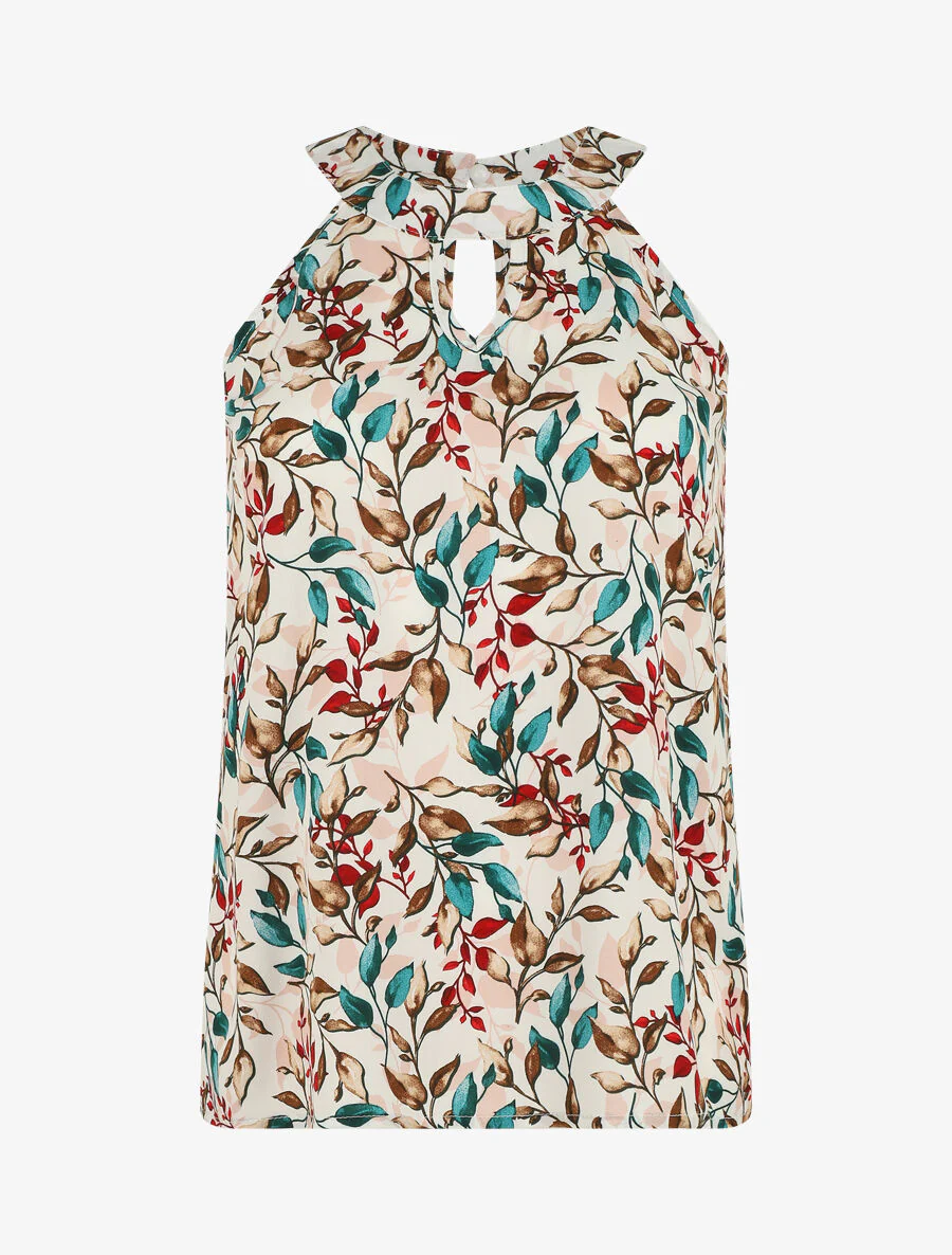Top imprimé feuilles à col américain - Blanc