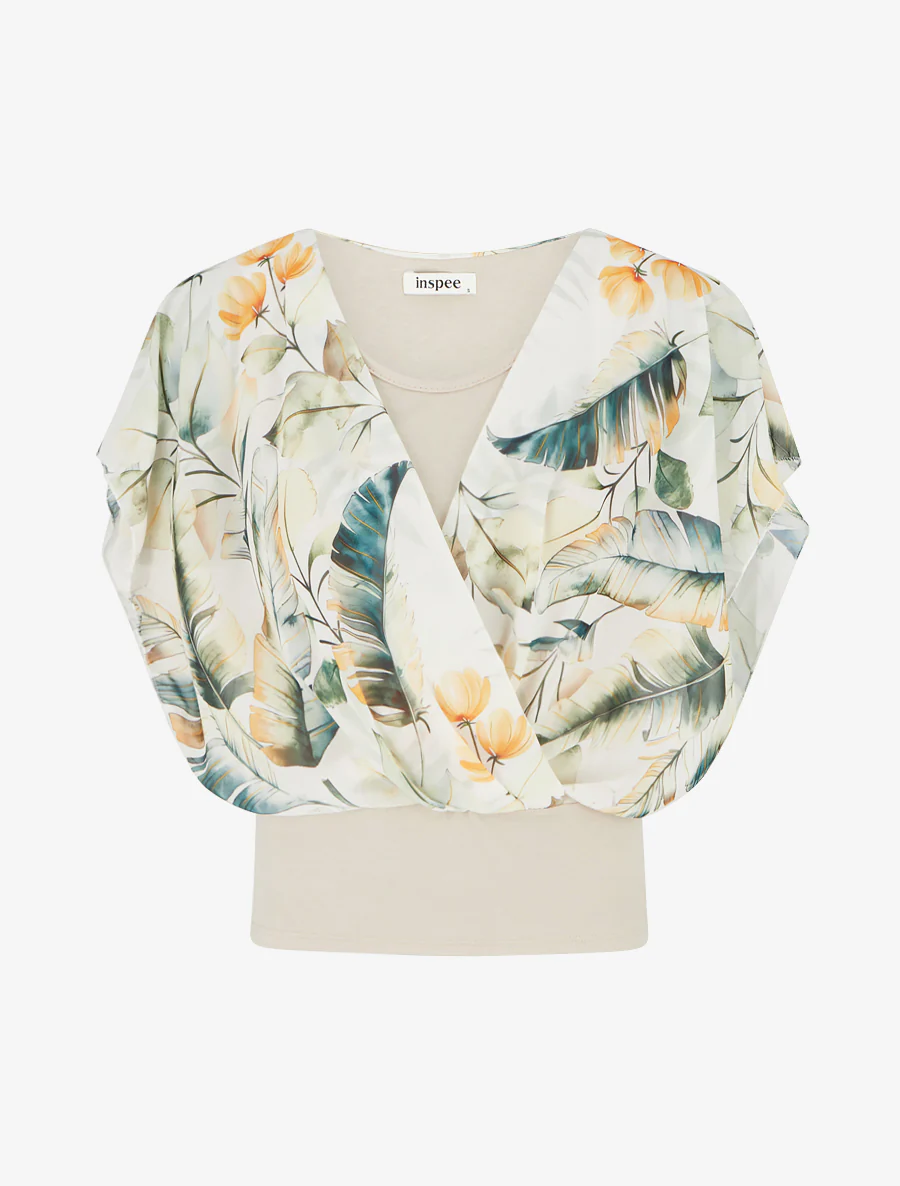 Top imprimé feuilles à manches volantées - Beige