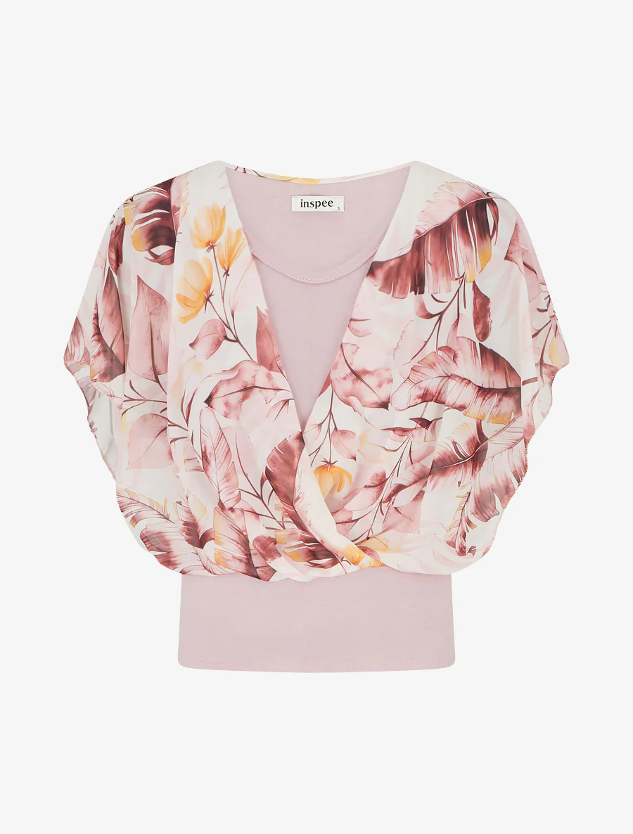 Top imprimé feuilles à manches volantées - Rose