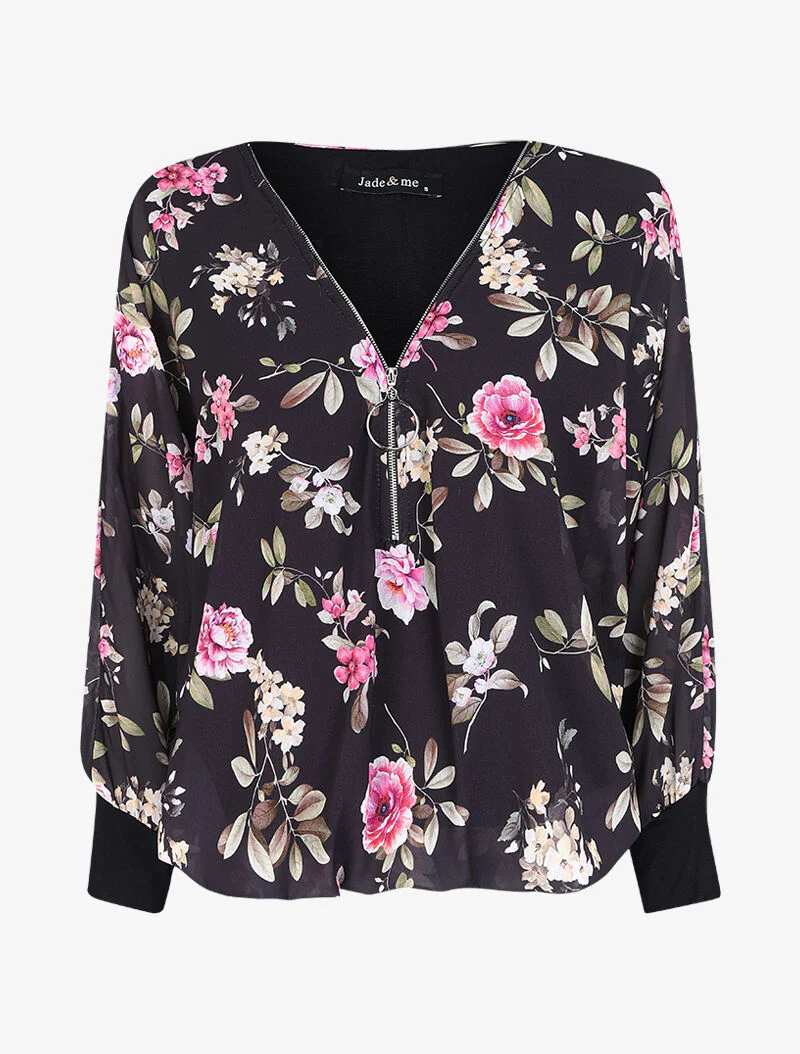 Top imprimé floral à fermeture stylisée - Noir