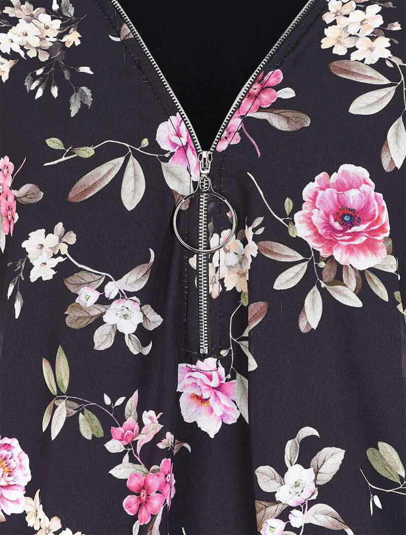 Top imprimé floral à fermeture stylisée - Noir - Image 3