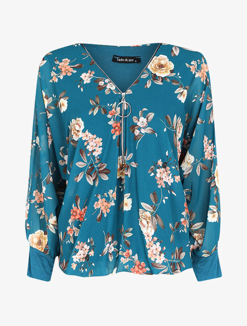Top imprimé floral à fermeture stylisée - Bleu