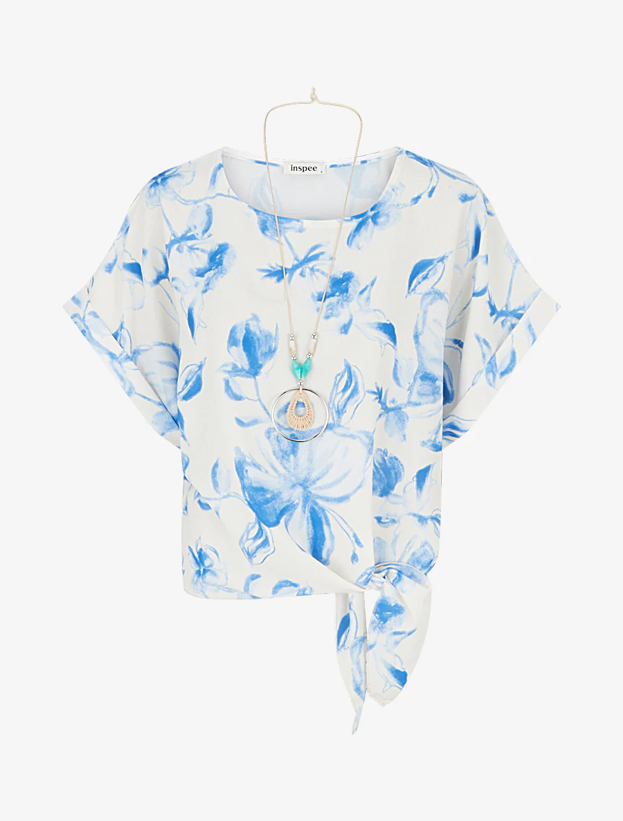 Top imprimé floral à nouer - Bleu ciel