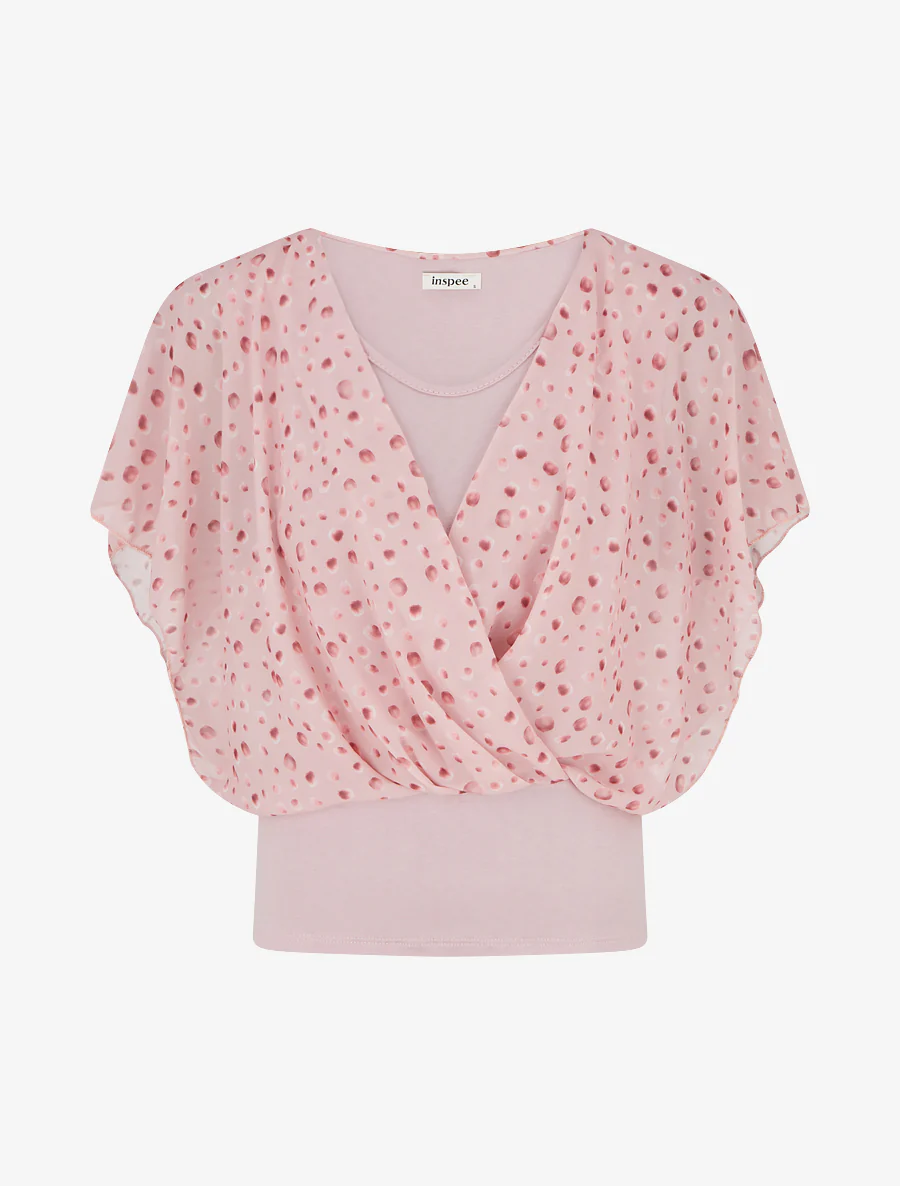 Top imprimé petits ronds à manches volantées - Rose