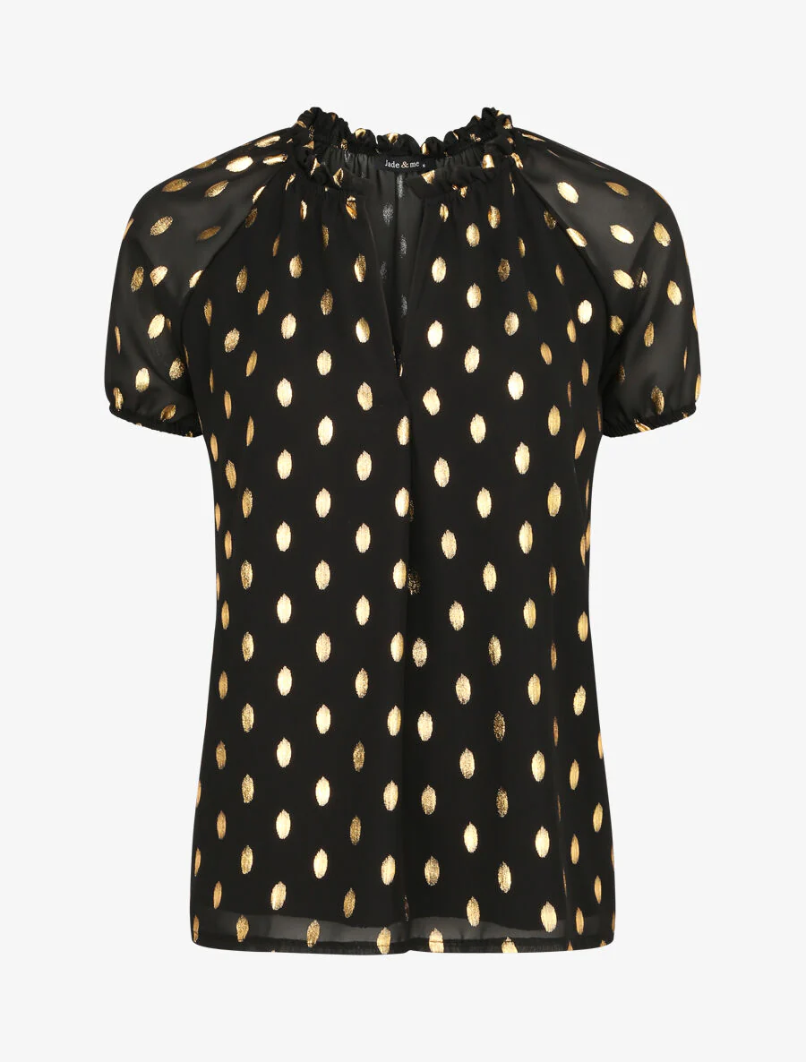 Top imprimé pois stylisés et irisés à col volanté - Noir