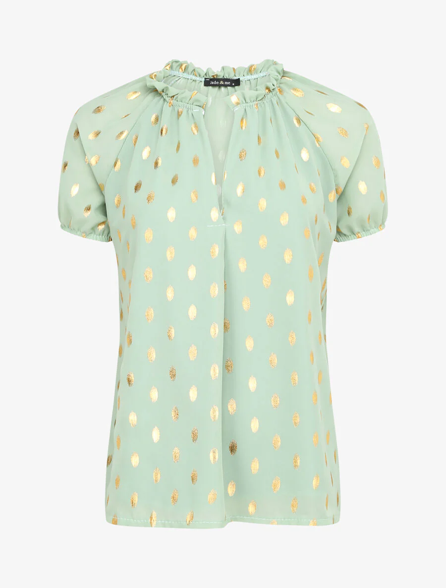 Top imprimé pois stylisés et irisés à col volanté - Vert clair