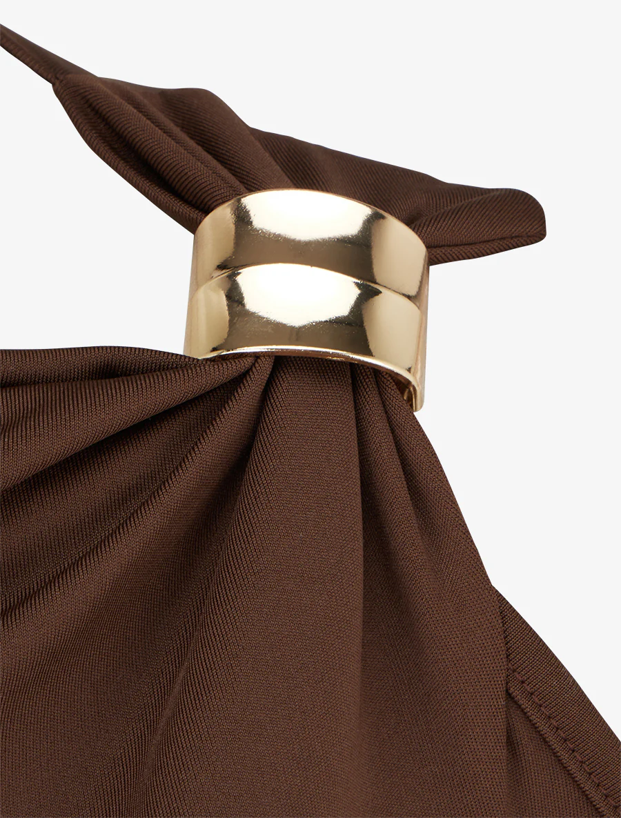 Top manche ajouré à empiècement bijou - Marron - Image 3