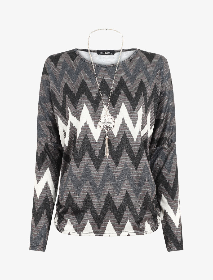 Top manches chauves-souris imprimé zig-zag irisé - Noir